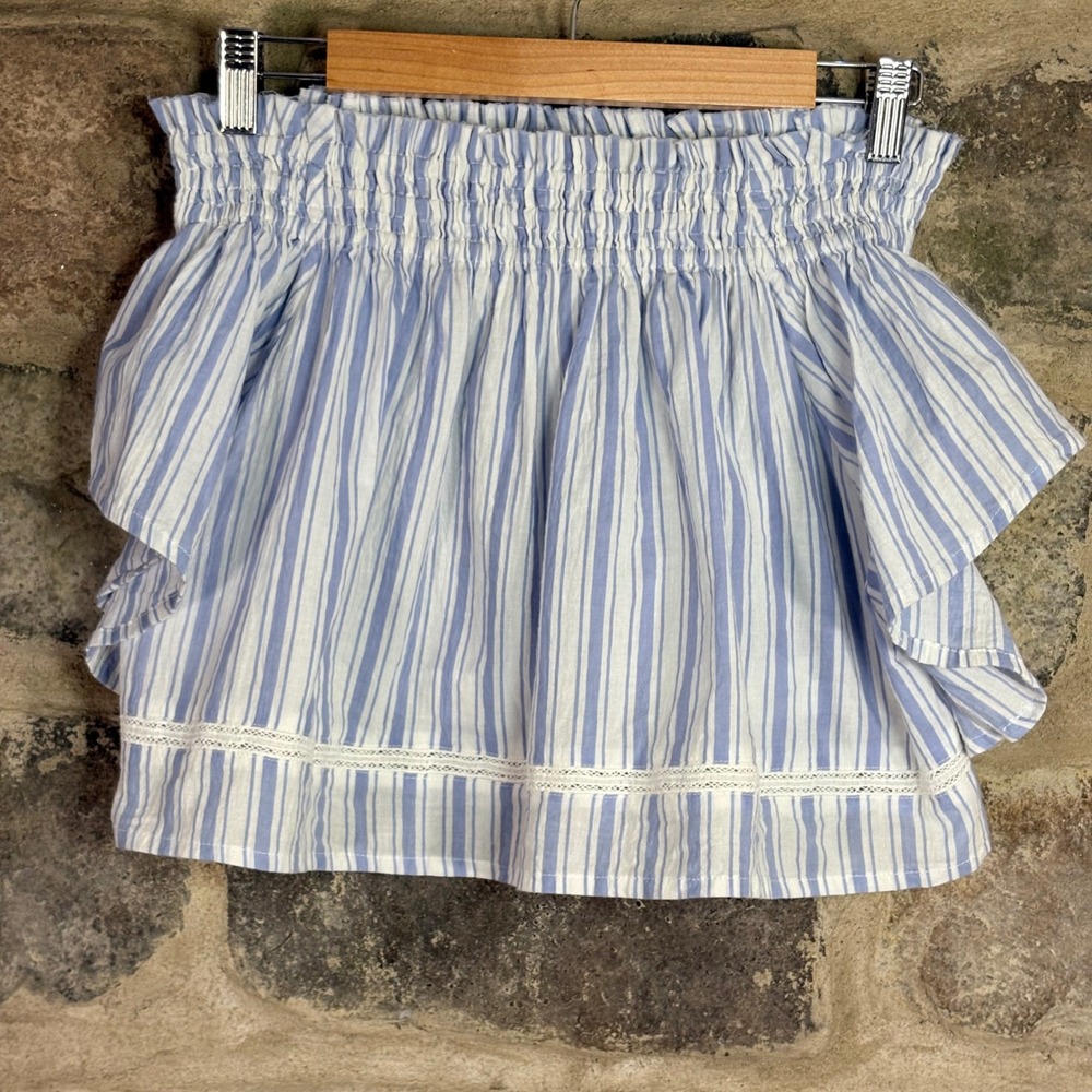 Faithfull The Brand Blue White Striped Smocked Off Shoulder Ruffle Crop Top S 4